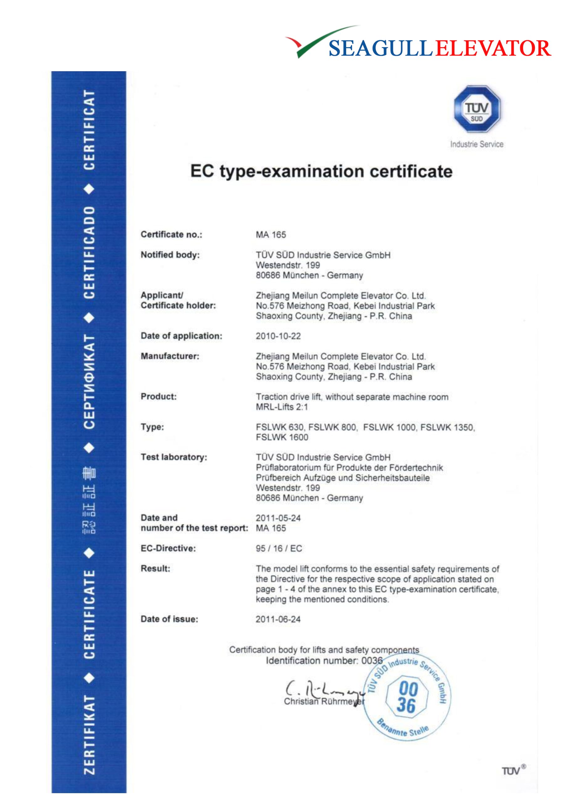 TUV EC type-examination certificate